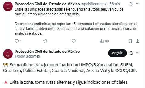 Protección Civil informa 3 personas muertas y 15 heridos tras el accidente del Estado de México.