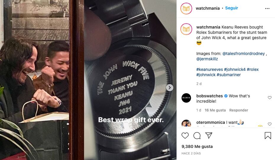 Keanu Reeves regala Rolex a sus compañeros