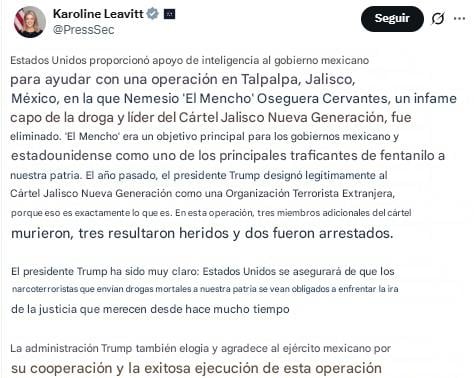 Karoline Leavitt comparte que México y Estados Unidos colaboraron para detención de El Mencho.
