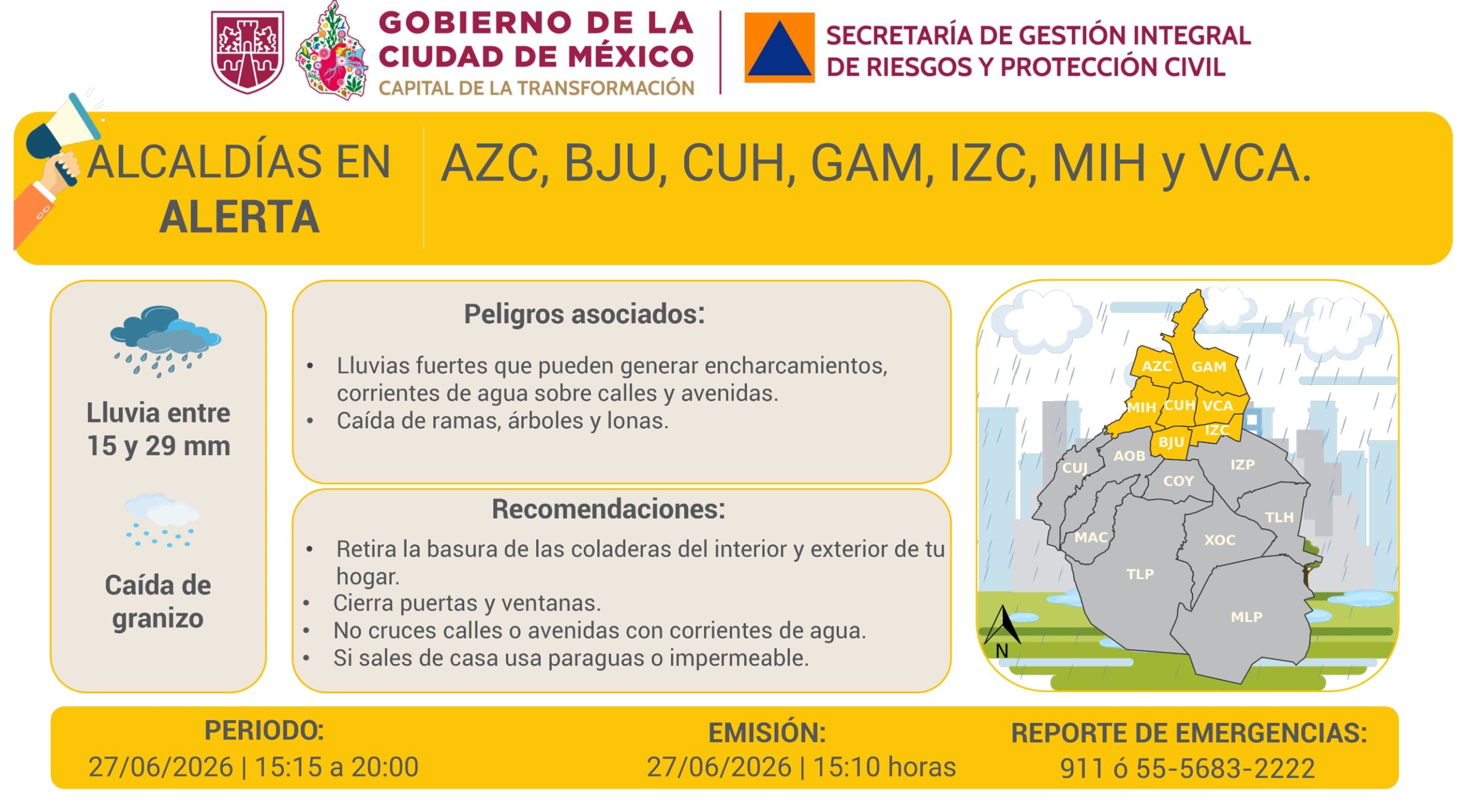 Activan alerta amarilla en 7 alcaldías de CDMX por fuertes lluvias