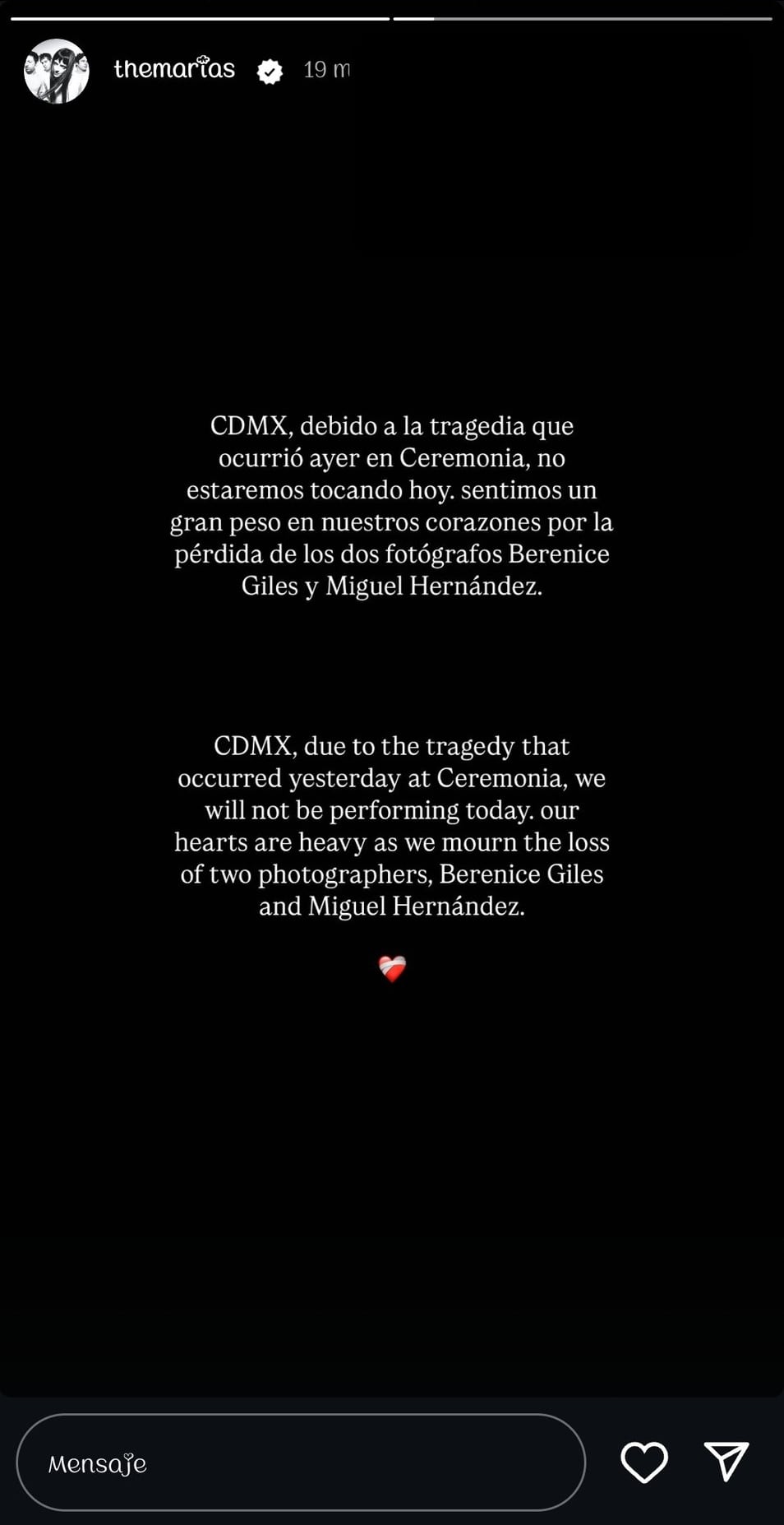 Mensaje de apoyo a las víctimas de Axe Ceremonia 2025 de The Marias