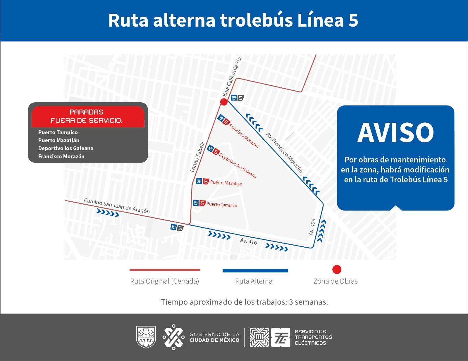 Ruta alterna de la Línea 5 del Trolebús a partir del 24 de abril 2024