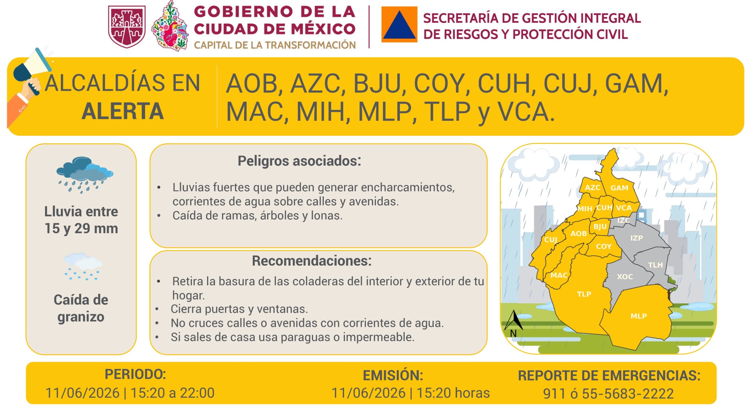 Alerta Amarilla por lluvias hoy jueves 11 de junio