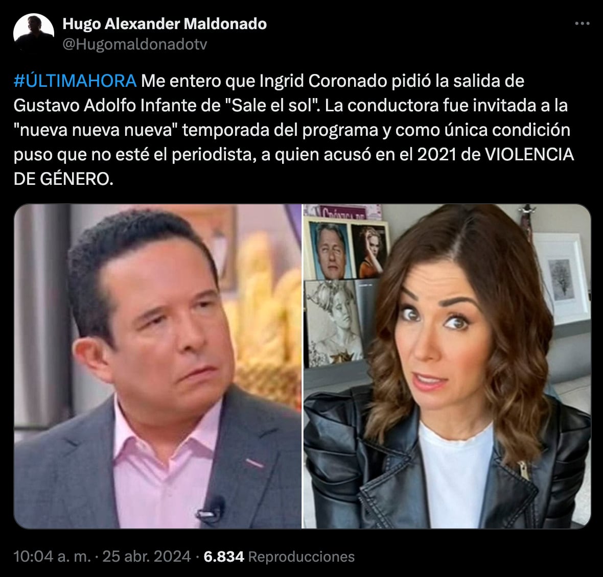 Ingrid Coronado habría pedido la salida de Gustavo Adolfo Infante de Sale el Sol