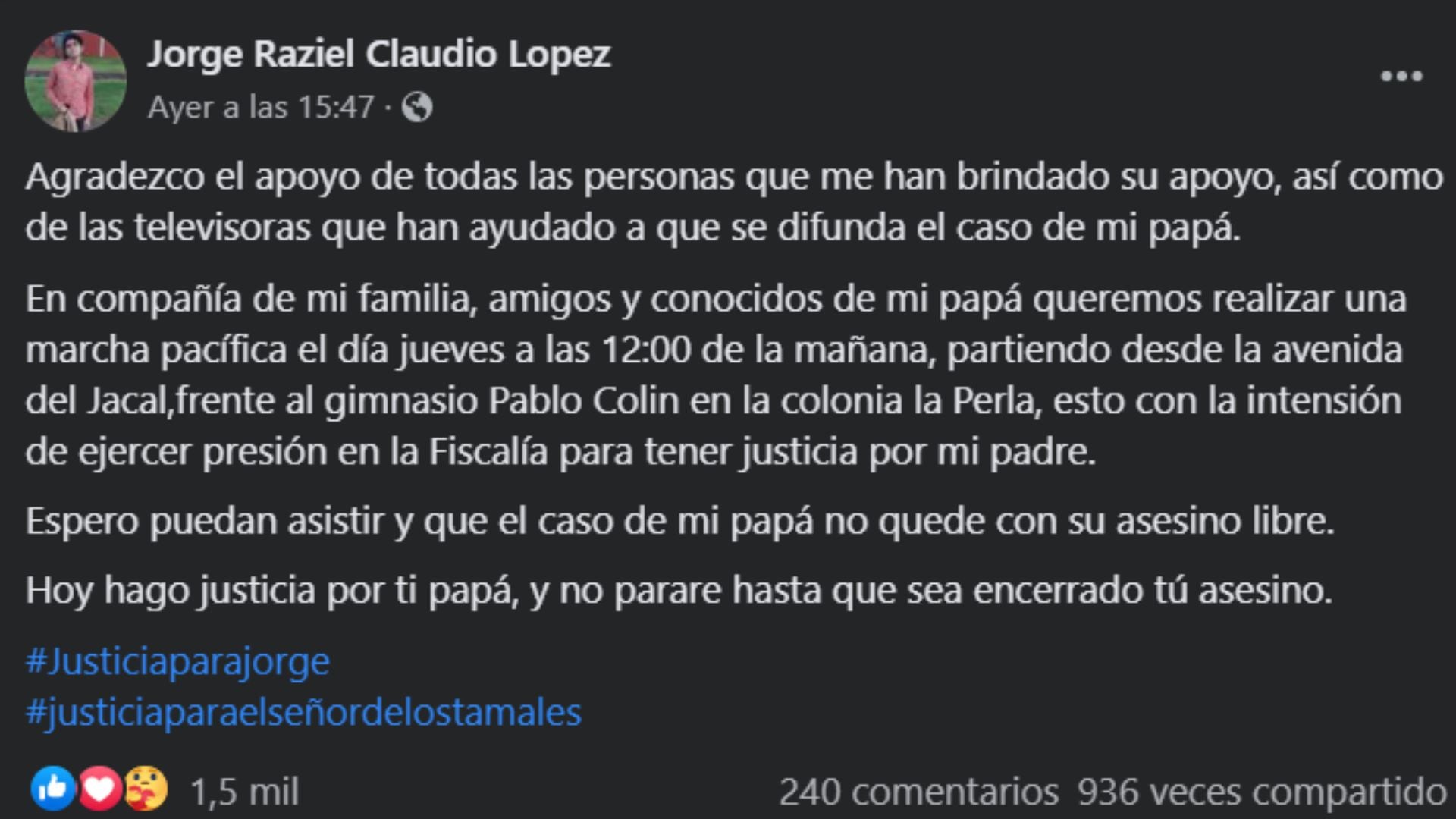 Hijo convoca a marcha por justicia para Jorge Claudio