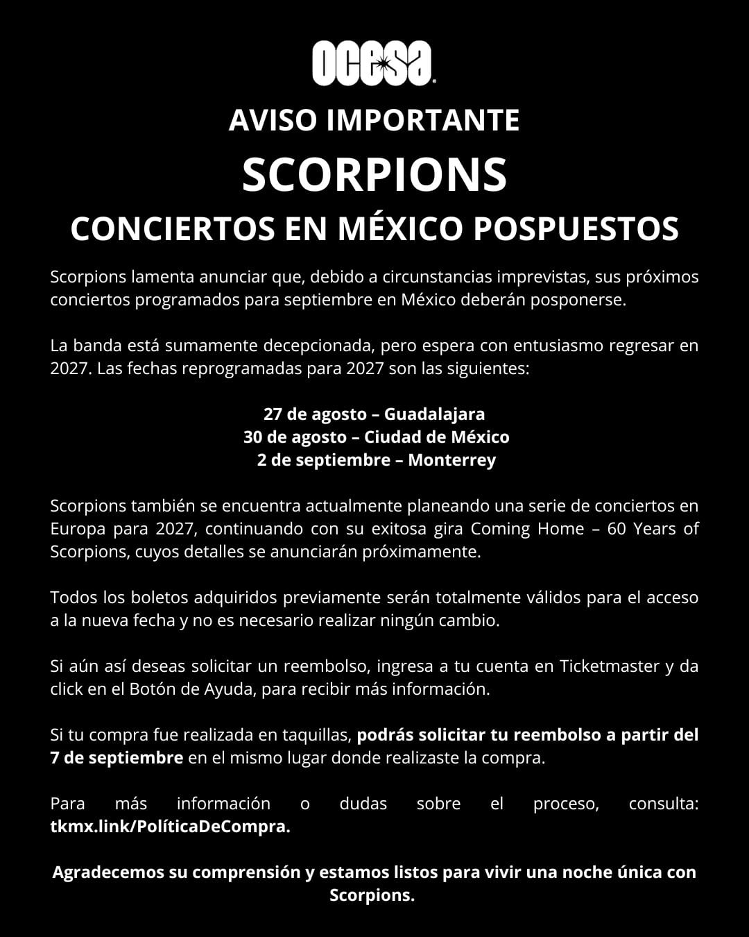 Scorpions cancela conciertos en México hasta 2027