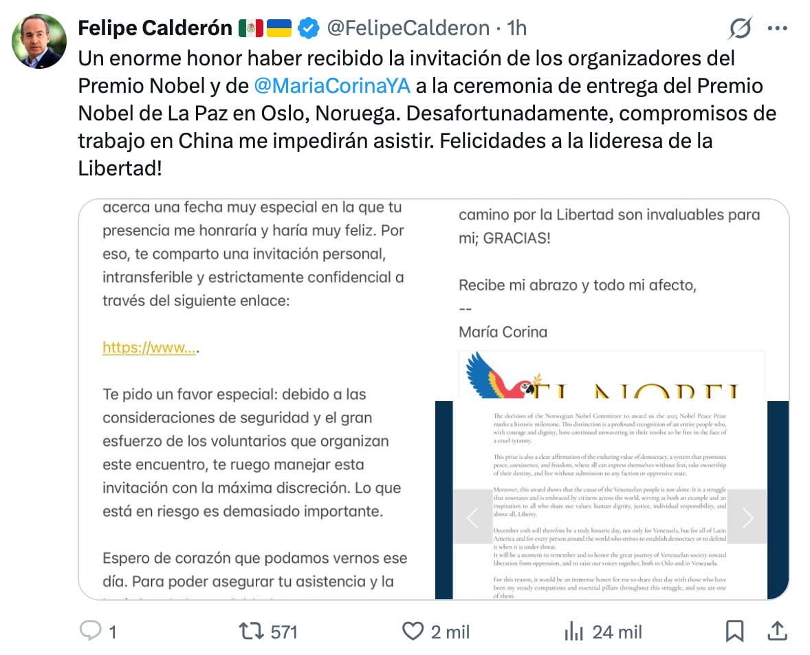 María Corina Machado invita a Felipe Calderón a la entrega de su Premio Nobel de la Paz