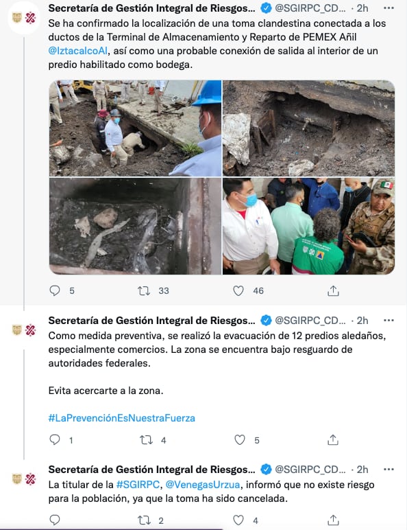 Por precaución, SGIRPC evacuó 12 predios cercanos a toma ilegal por huachicoleo.