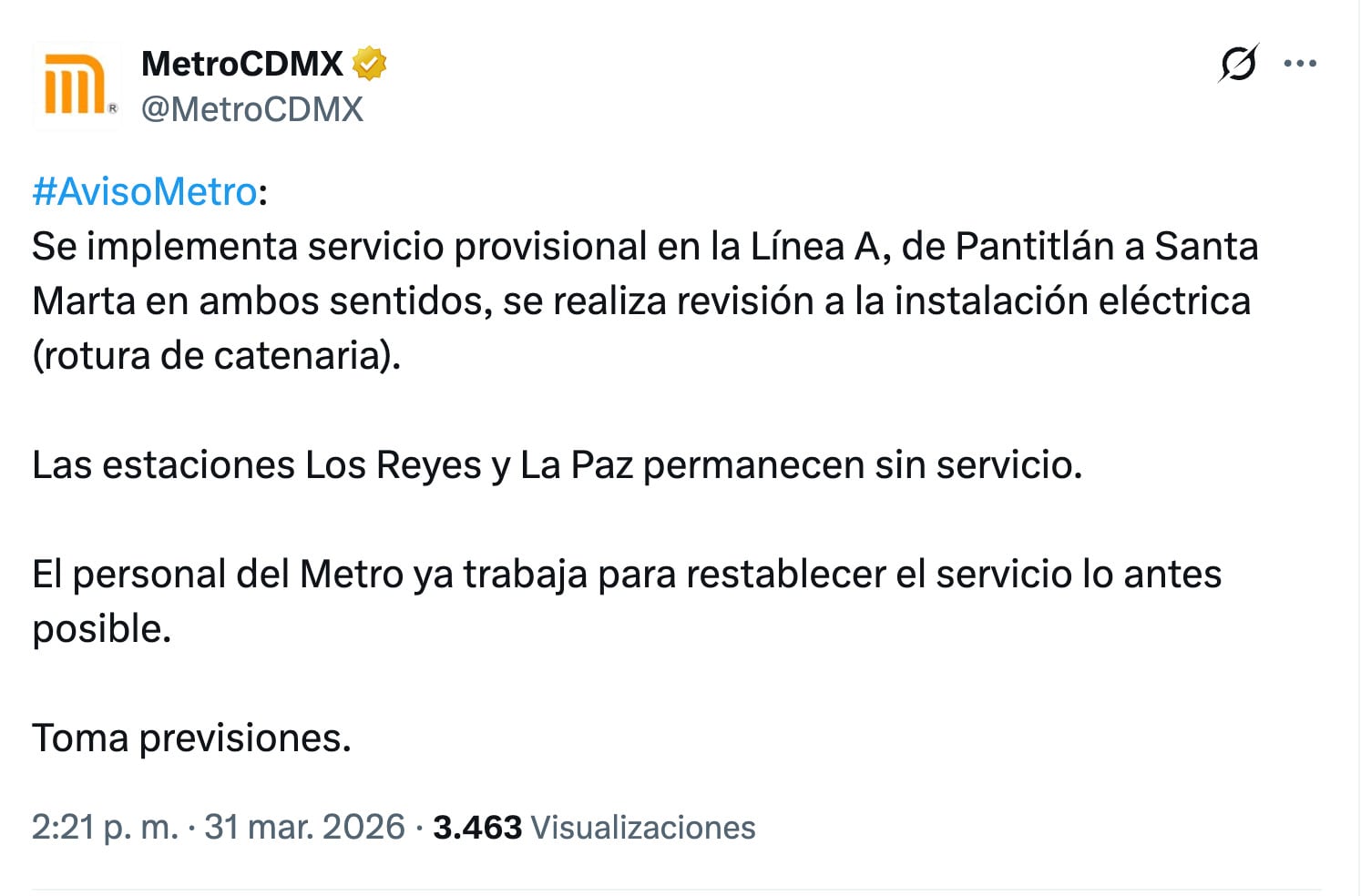 Metro CDMX implementa servicio provisional en Línea A
