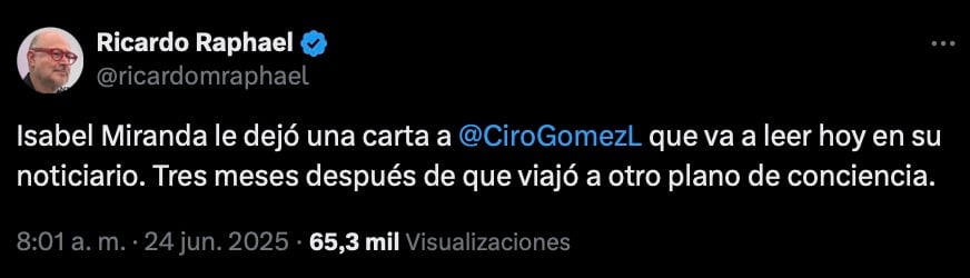 Ricardo Raphael anuncia supuesta carta póstuma de Isabel Miranda de Wallace