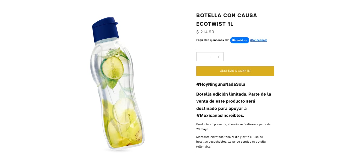Características de botella de Tupperware en apoyo al equipo de natación artística