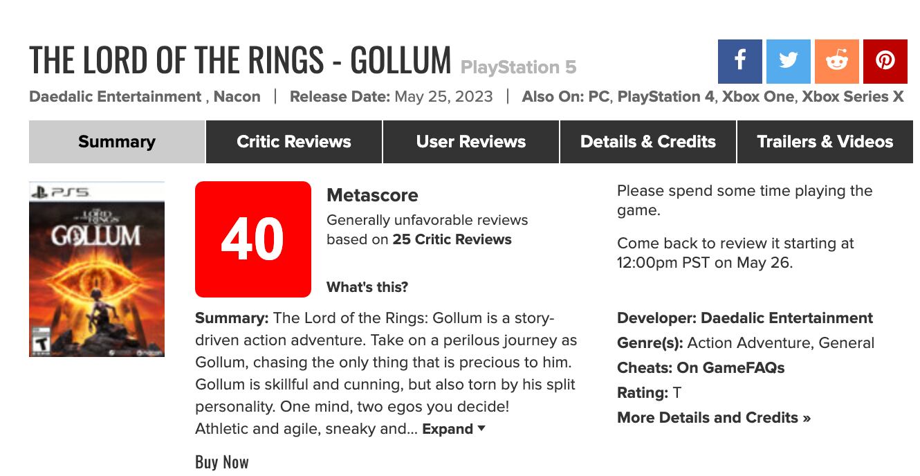 The Lord of the Rings: Gollum en Metacritic