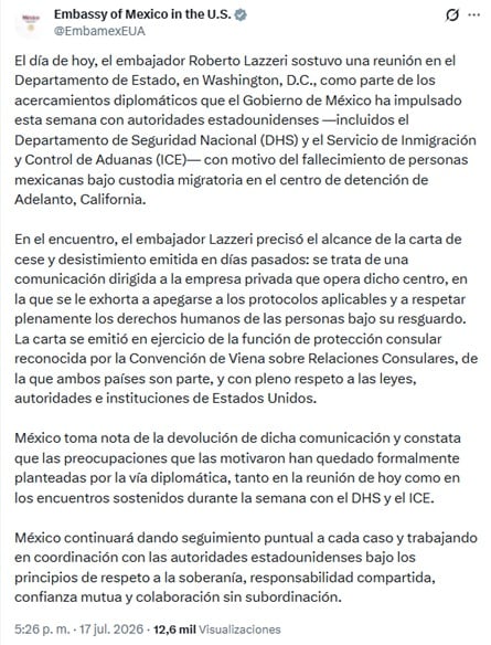Embajada de México en Estados Unidos da seguimiento al caso de migrantes tras cartas devueltas
