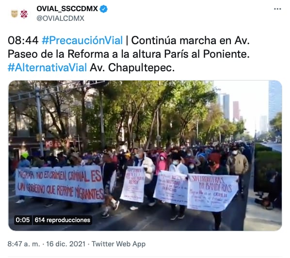 Tuit de OVIAL sobre paso de migrantes