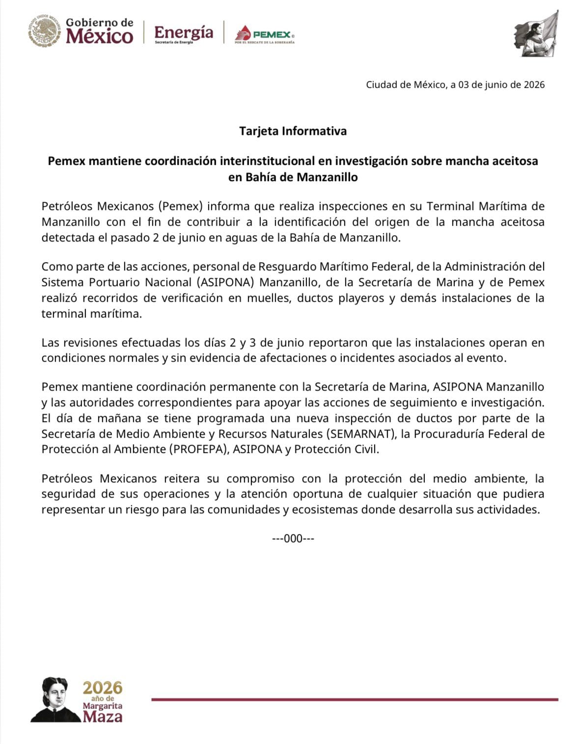 Pemex busca el origen del derrame que afecta aguas de Bahía de Manzanillo