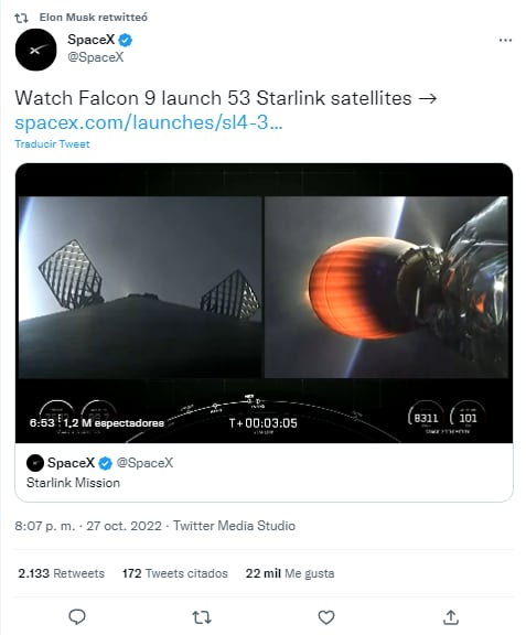 Post de Elon Musk respecto a Starlink