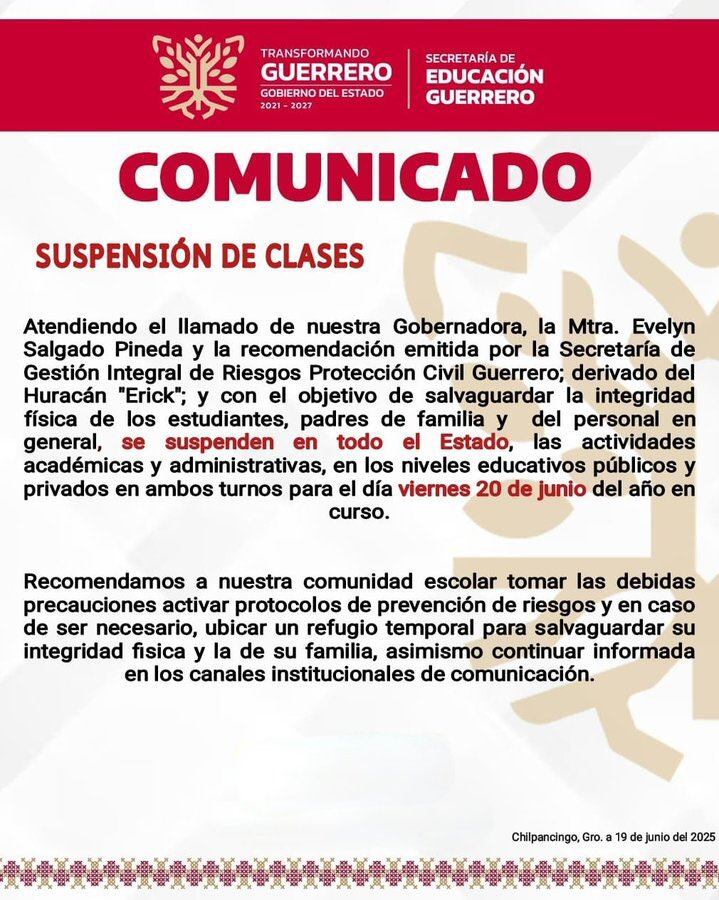 Suspenden clases en Guerrero por huracán Erick