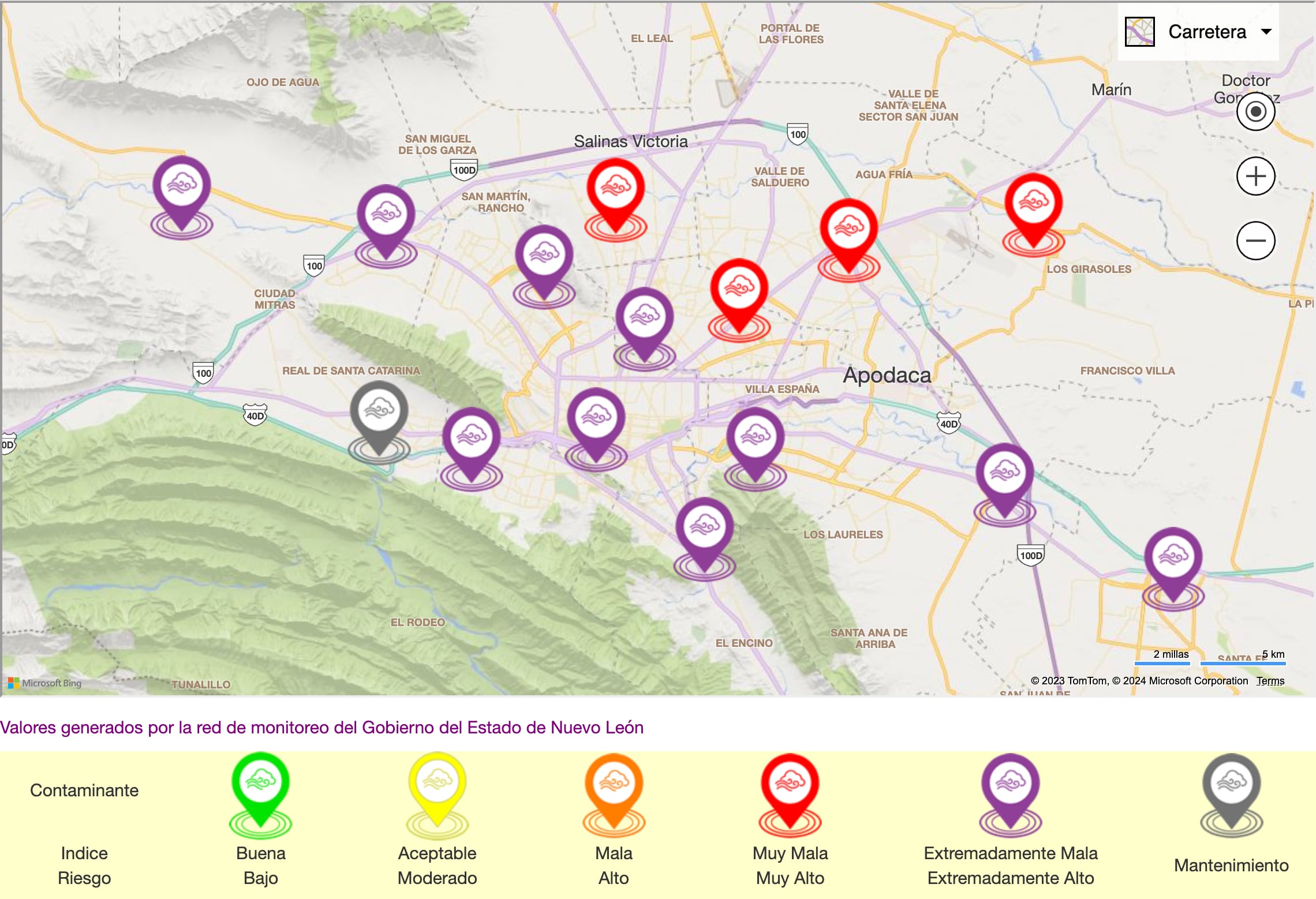 Calidad del aire en la Zona Metropolitana de Monterrey este viernes 12 de enero de 2024 a las 16:00 hrs.
