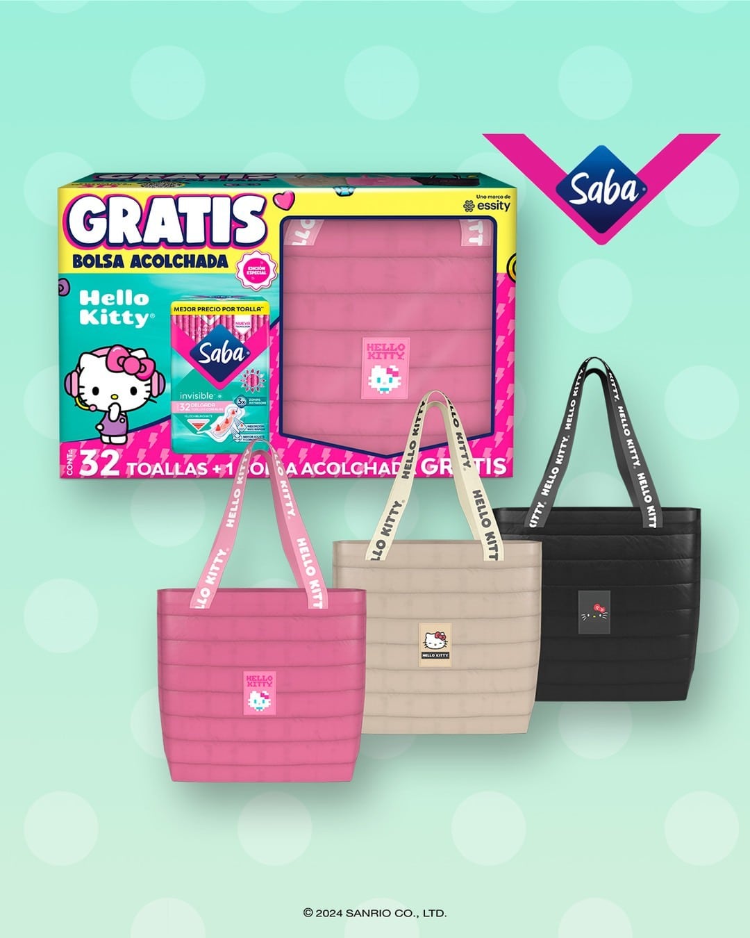 Bolsa acolchada de Hello Kitty con toallas Saba