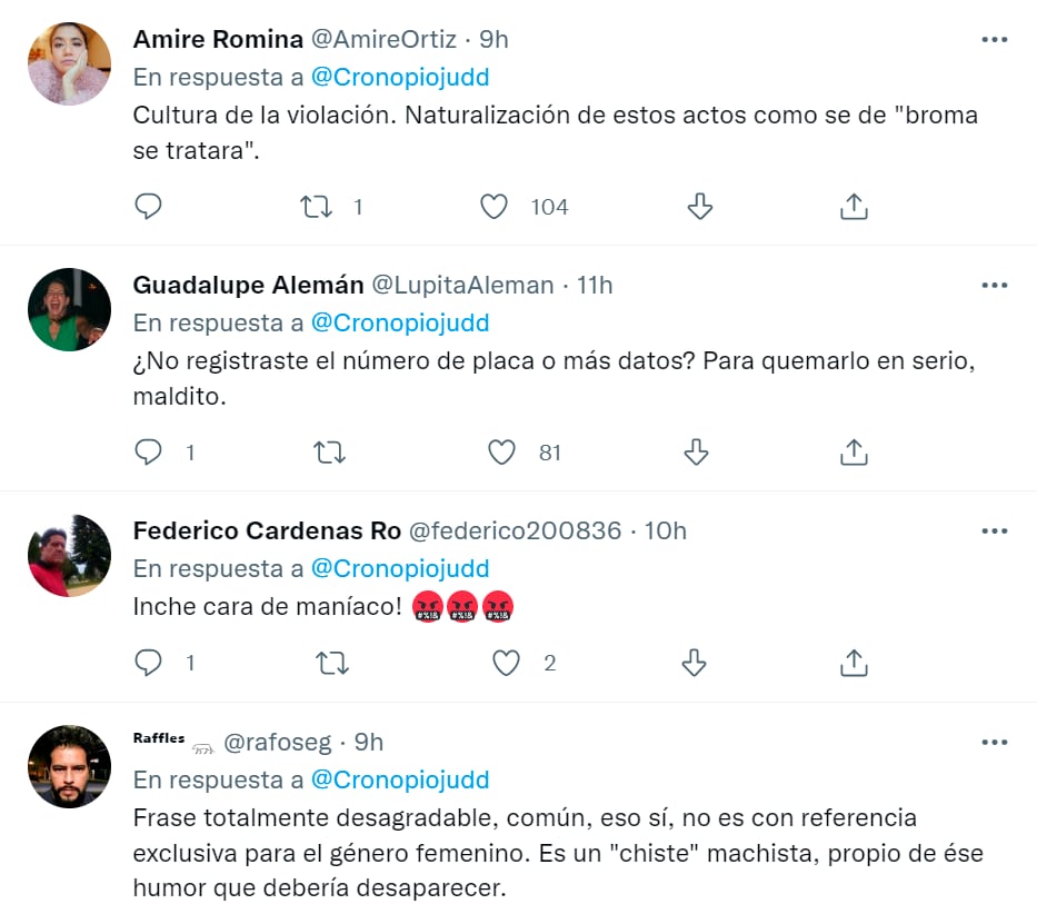 reacciones de usuarios sobre mensaje de violencia machista/captura de pantalla de Twitter