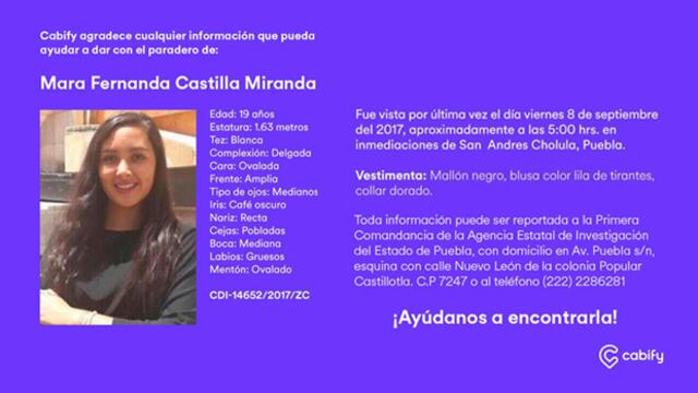 Publicación de Cabify sobre el caso de desaparición en Cholula, Puebla.