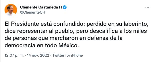 Clemente Castañeda acusa a AMLO de estar confundido por descalificar la marcha del INE