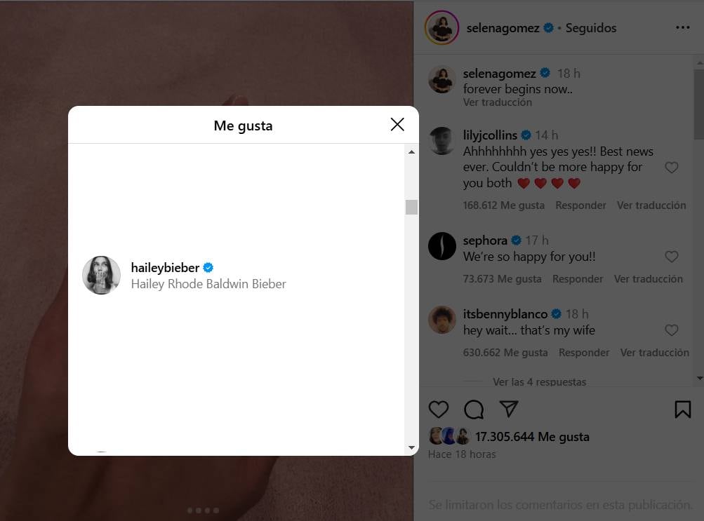 Hailey Bieber le da like a la publicación de Selena Gómez por su compromiso