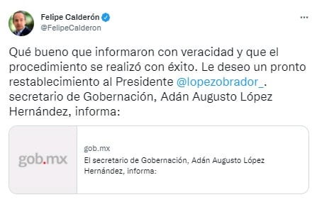 Felipe Calderón celebra que se informe sobre salud de AMLO