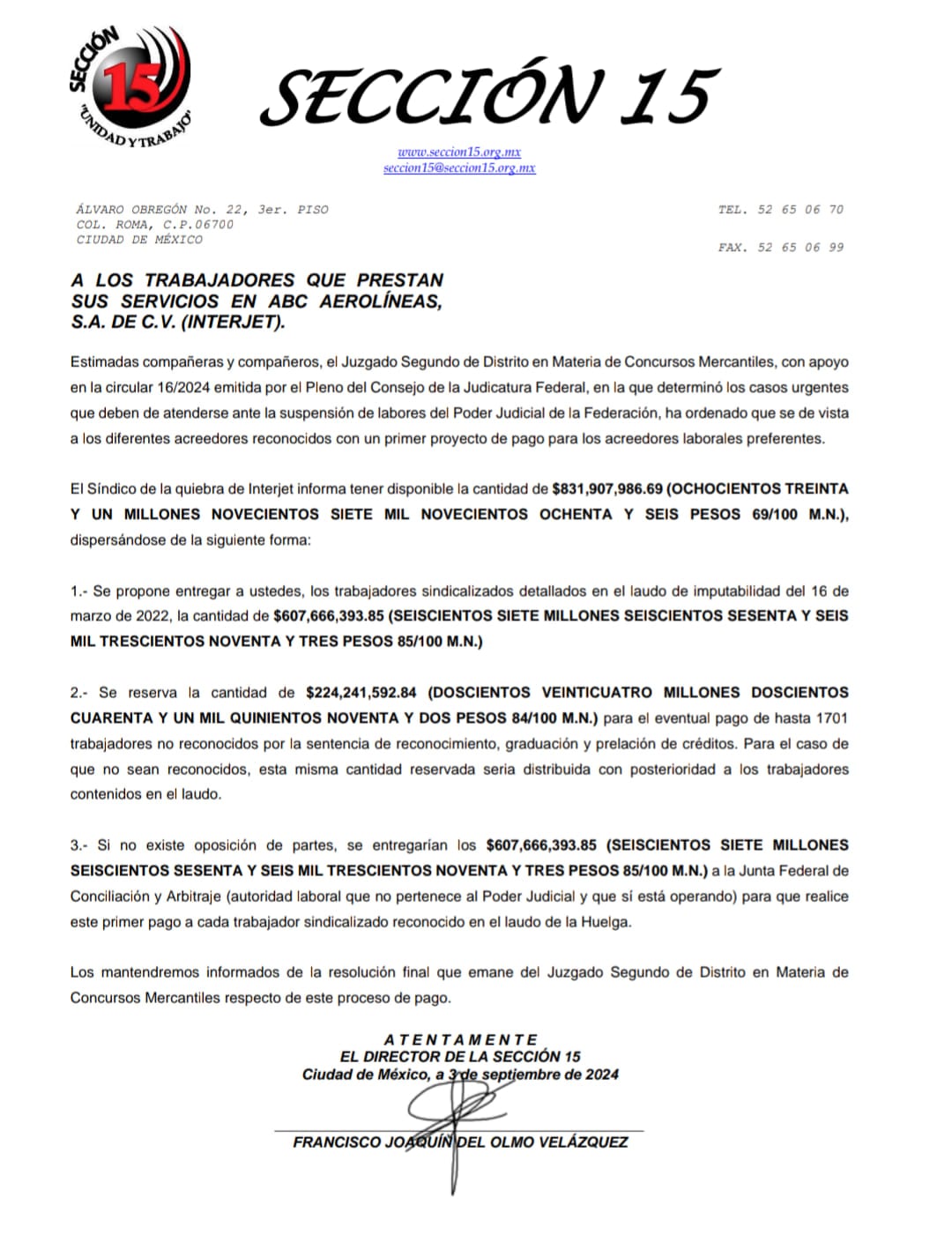 Comunicado de la Sección 15 de la CTM