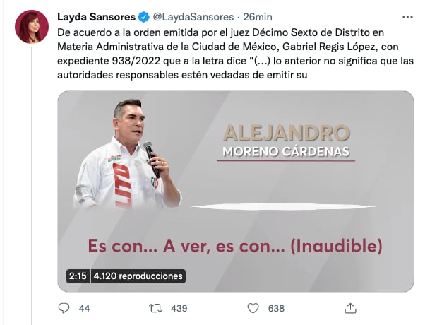 Layda Sansores publica audio de Alejandro Moreno en sus redes sociales personales