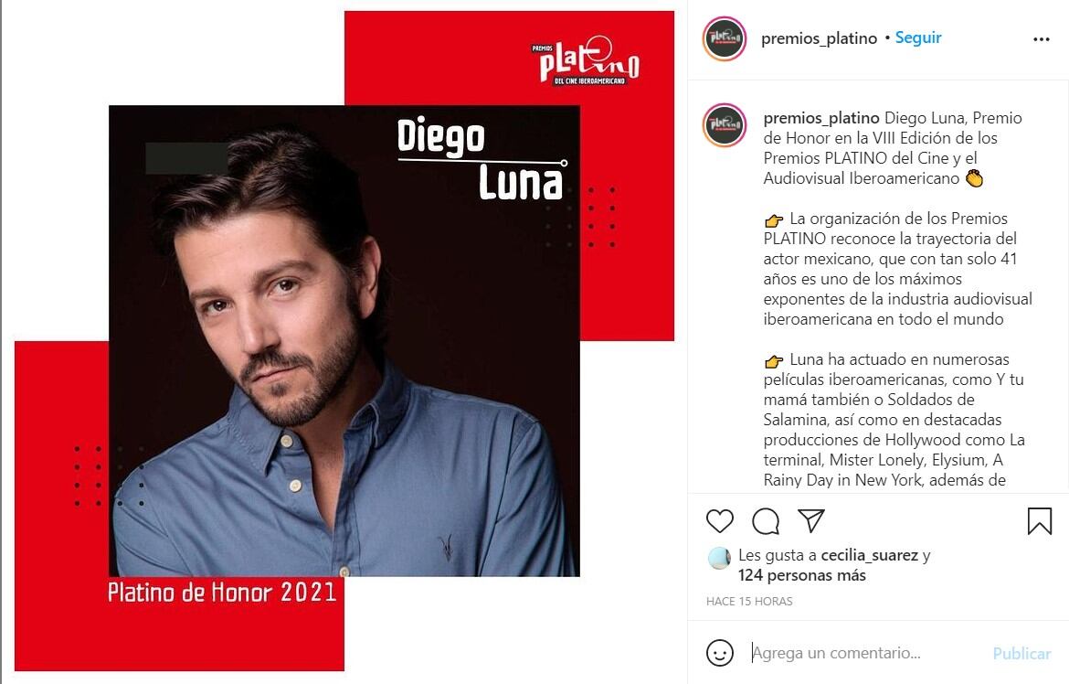 Publicación de Premios Platino en Instagram