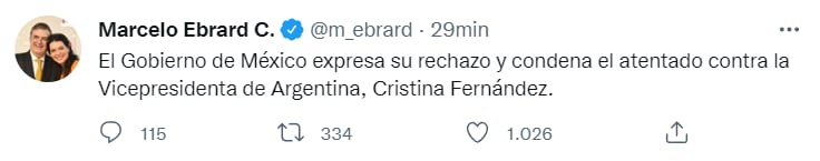 Gobierno de México condena atentado contra Cristina Fernández de Kirchner