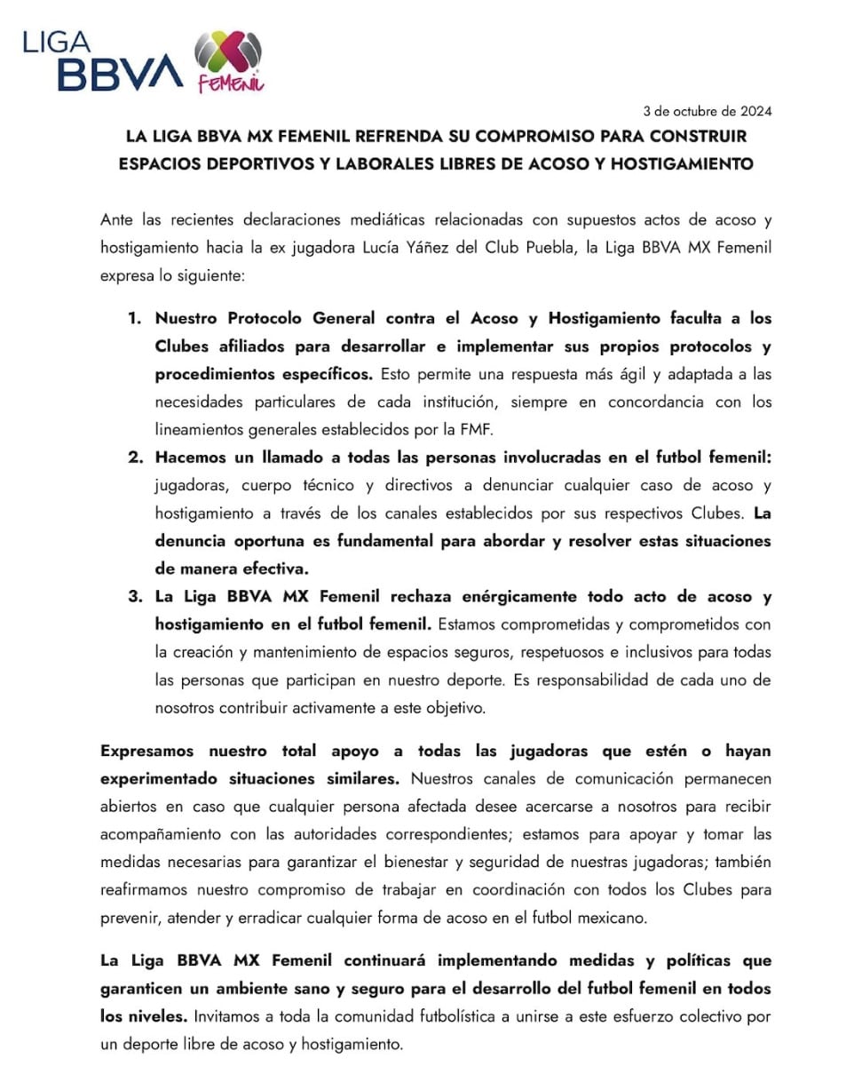 Postura de la Liga MX Femenil del caso de Lucía Yáñez