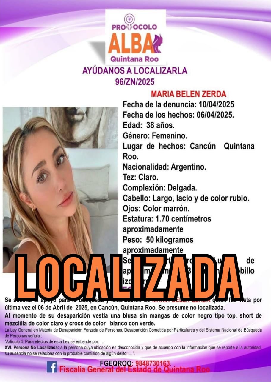 María Belén Zerda, turista argentina localizada con vida en Cancún