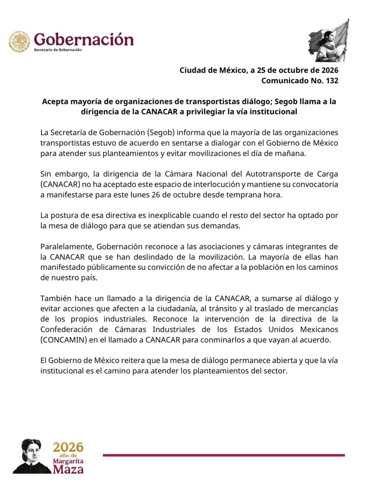 Segob llama a CANACAR a frenar movilización de transportistas de este lunes 26 de octubre