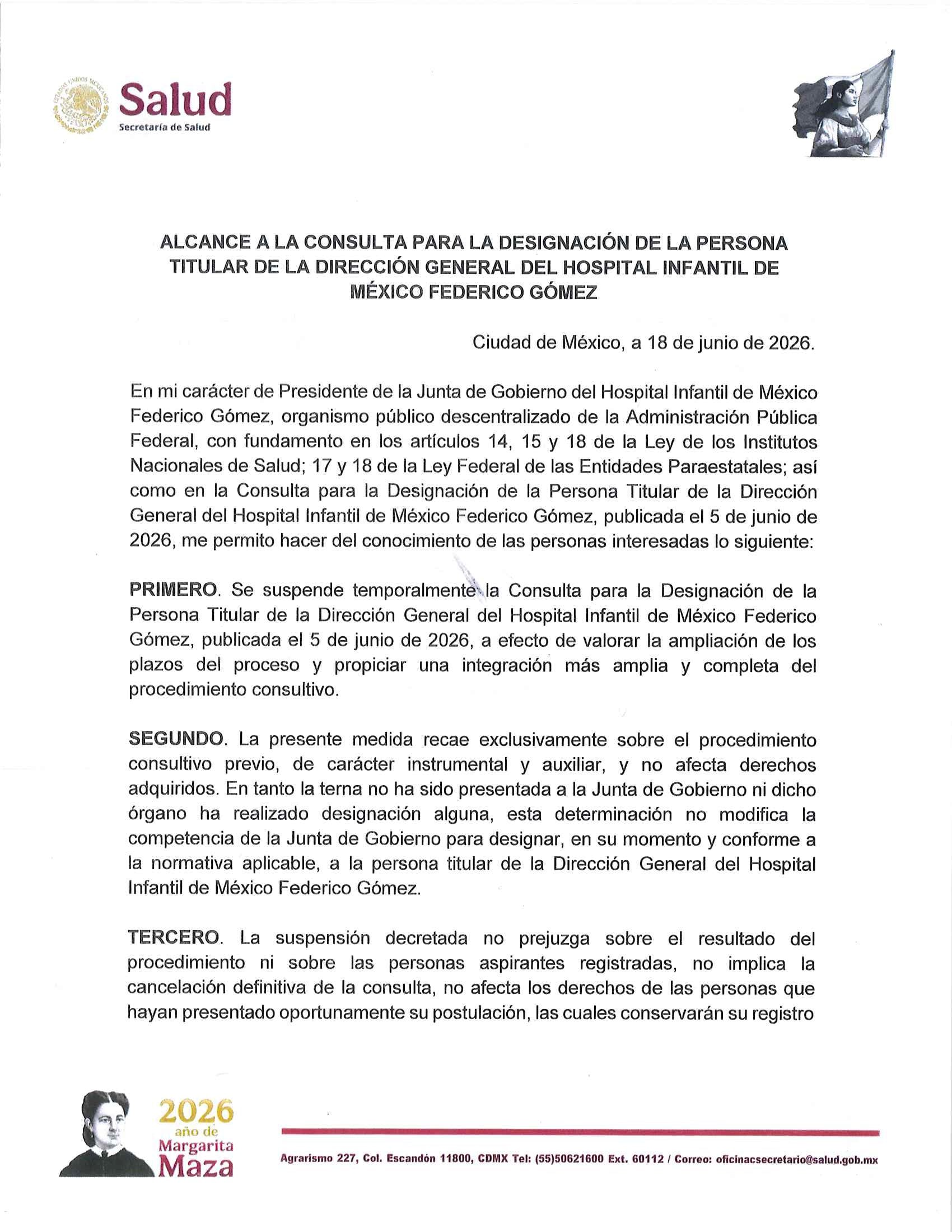 Suspenden elección Hospital Infantil de México