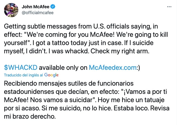 John McAfee denuncia amenazas