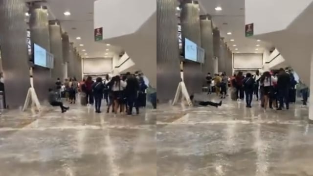 Hombre se resbala en el AICM, tras inundación.