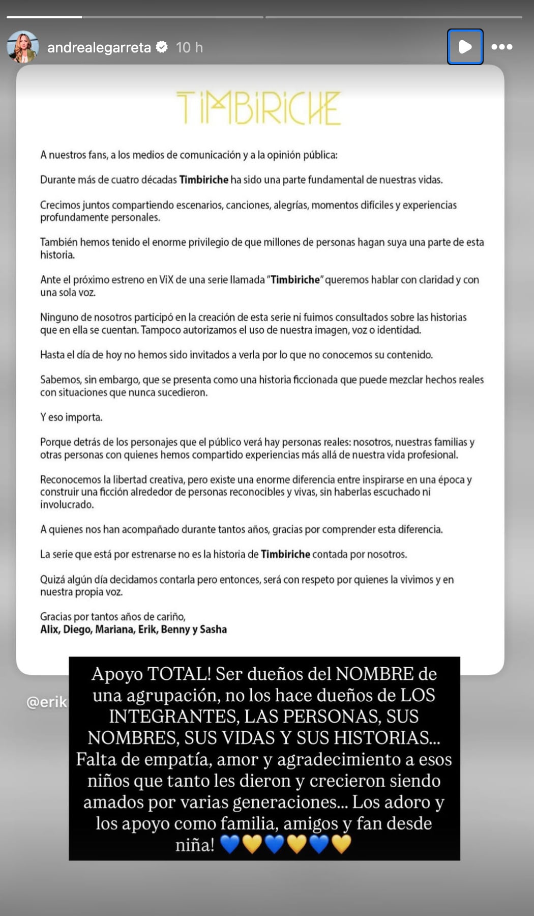 Andrea Legarreta comparte mensaje de apoyo a Timbiriche