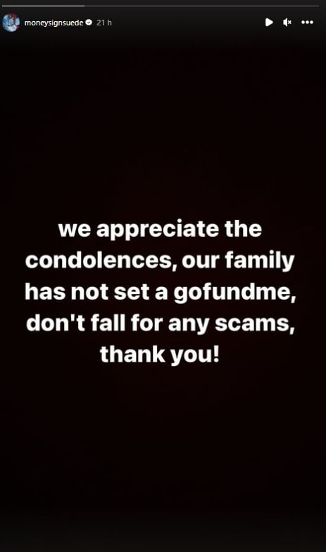 Mensaje de la familia de MoneySign Suede tras su muerte.