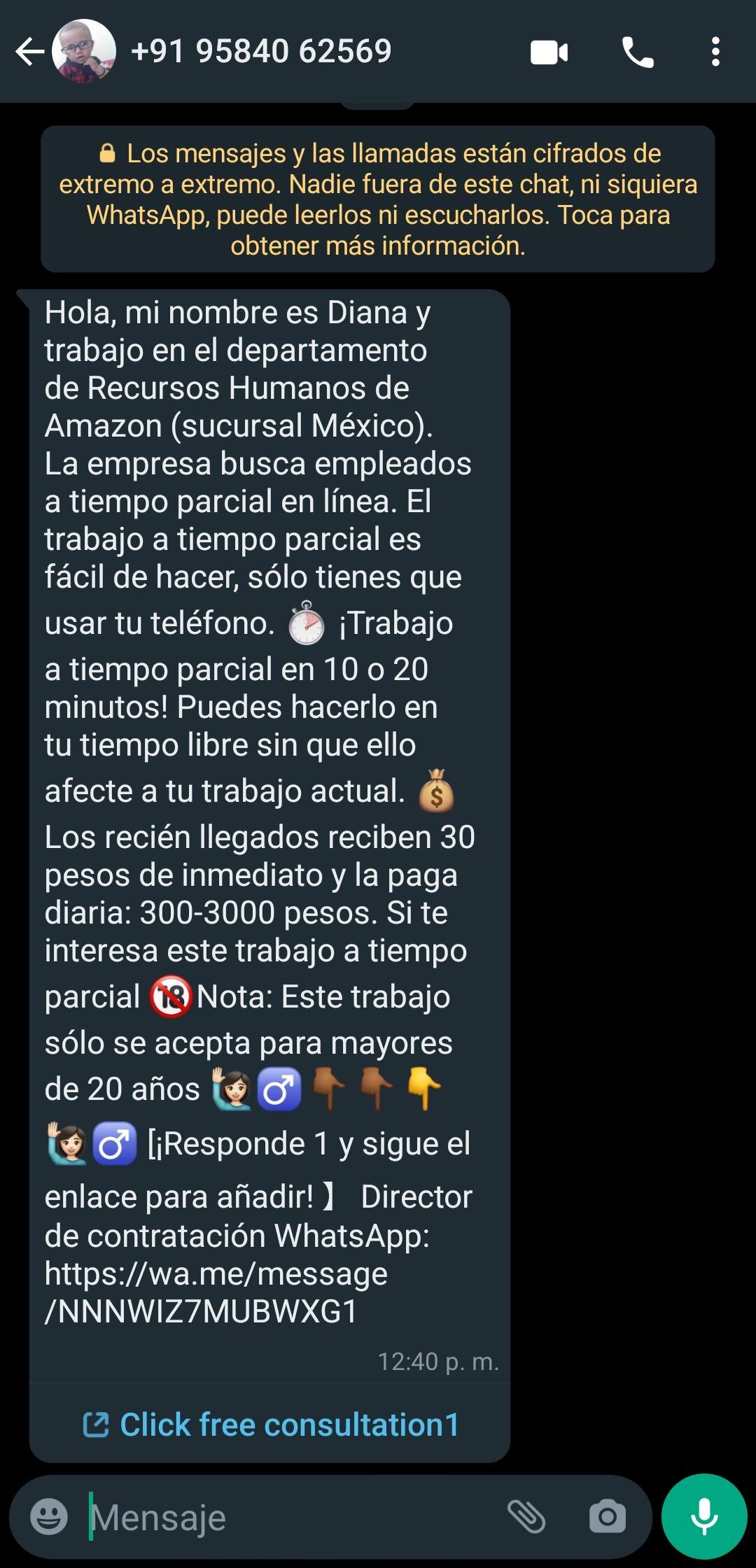 Fraude de WhatsApp con supuesto empleo de Amazon
