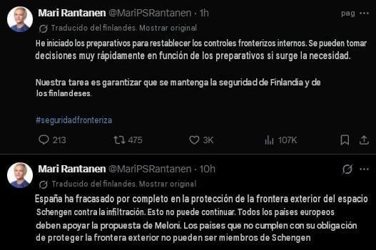 Mari Rantanen apoya propuesta de Italia de excluir a España del espacio Schengen