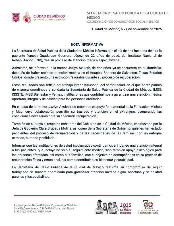 CDMX informa sobre Jazlyn Azuleth, víctima de la explosión de pipa en Iztapalapa.