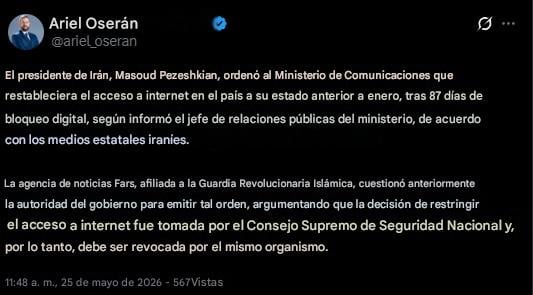 Irán restablecerá internet tras 87 días de apagón digital
