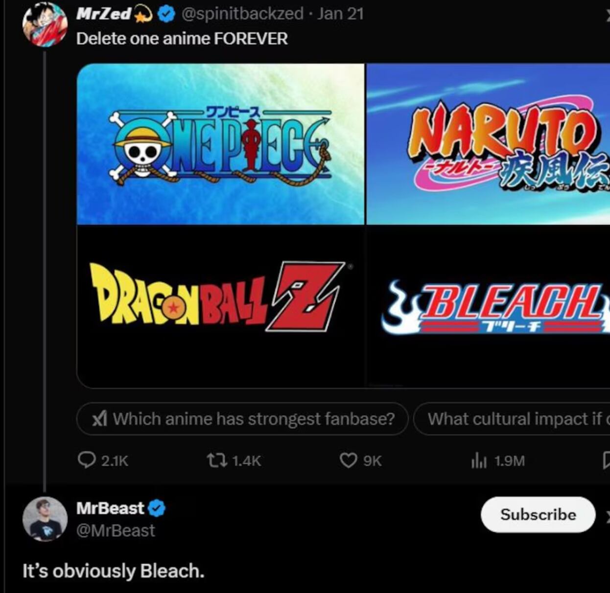 MrBeast hizo enojar a los fans de Bleach por su elección