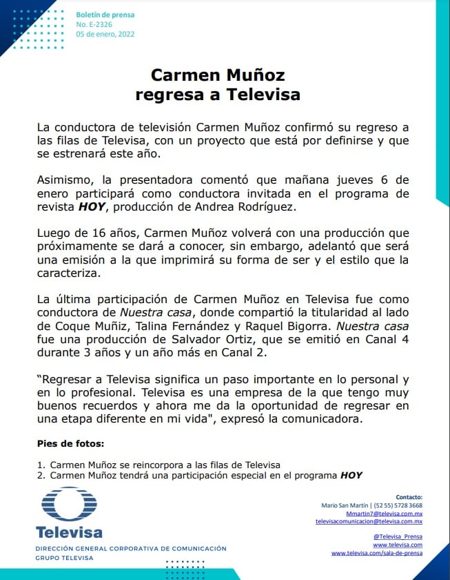 Carmen Muñoz llega al programa Hoy