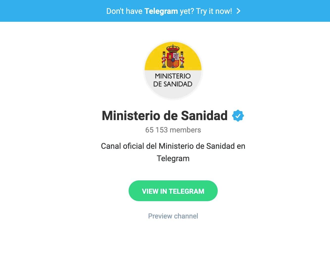 Telegram oficial del Ministerio de Salud de España