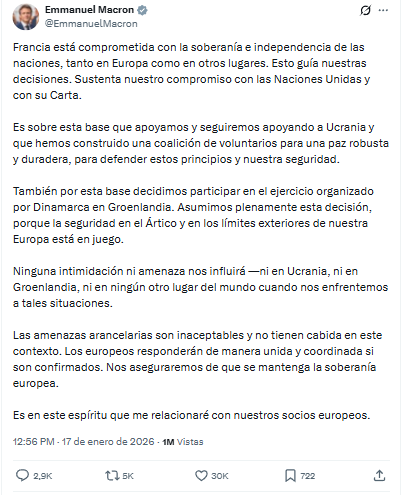 Macron responde a Trump tras amenaza de aranceles por Groenlandia