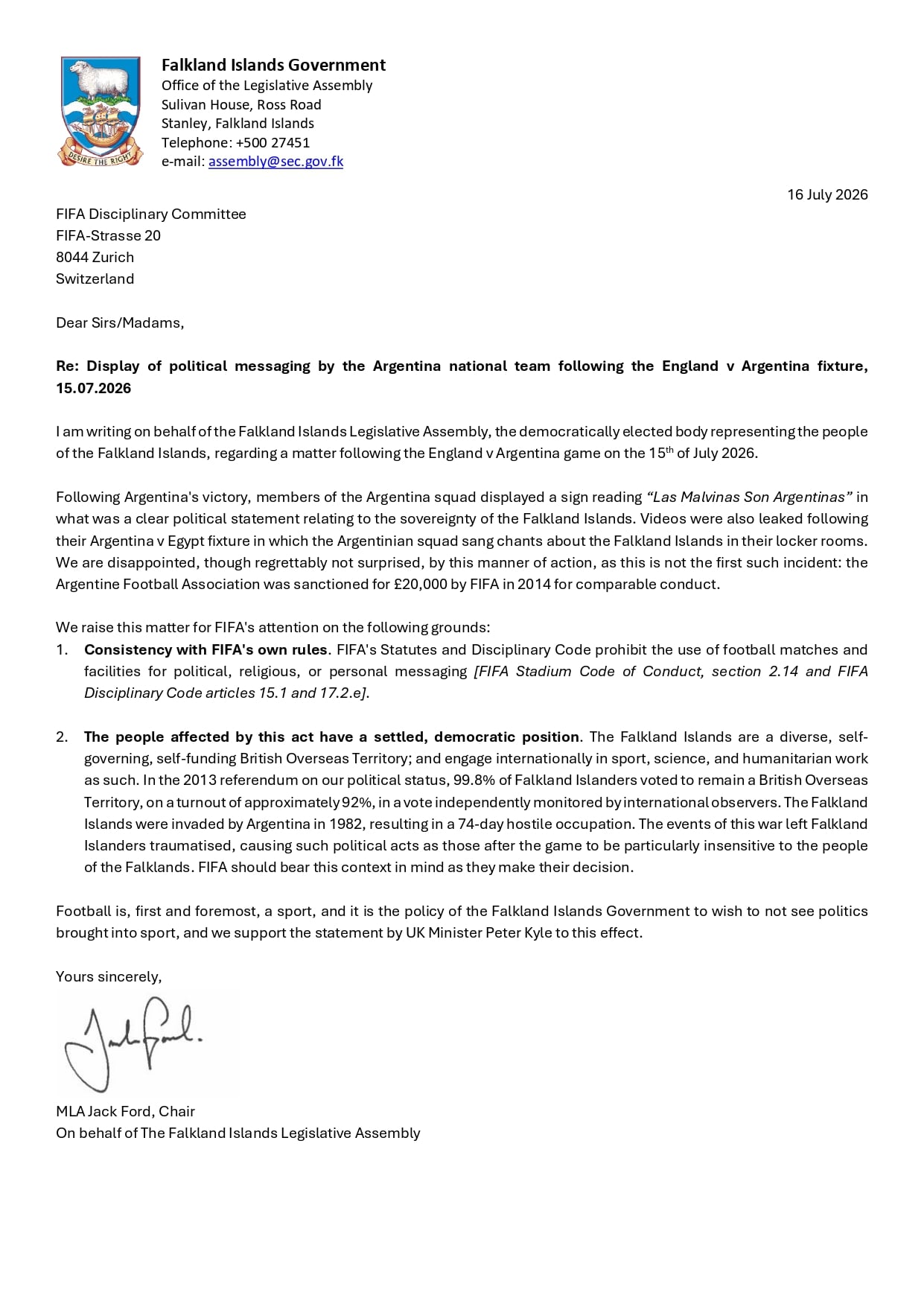 Las Malvinas exigen a la FIFA dejar fuera la disputa política del Mundial 2026