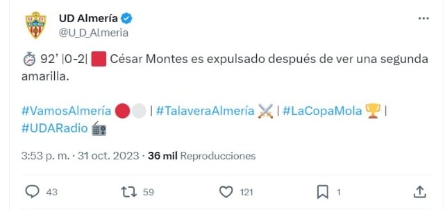 César Montes salió expulsado con el Almería con apenas 6 minutos de acción.